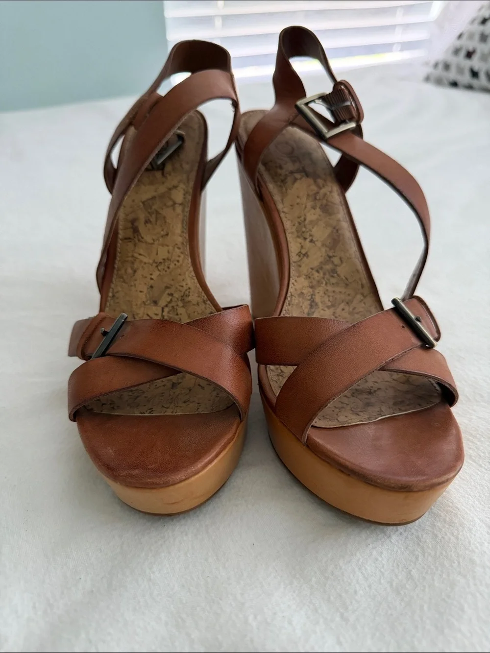 Women’s Brown Leather 5” Wedge Sandals with Buckle Straps